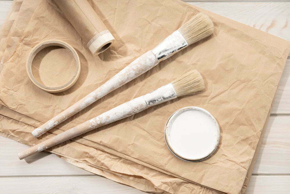 Set of painting tools brushes, masking tape, paper. DIY Home Imp room for improvement