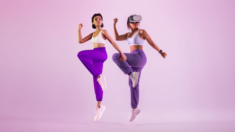 Young african american woman wearing vr headset playing dancing game in metaverse as 3D avatar, panorama, free space personalised avatar exercising with woman