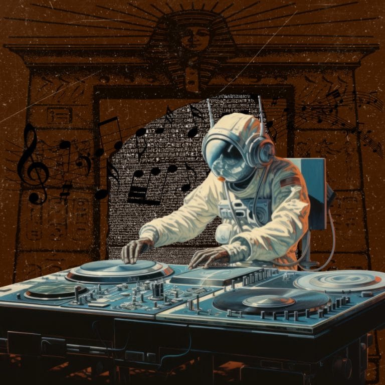 Language and Music (an astronaut mixing music in a surreal space with egyptian walls and text in the background)