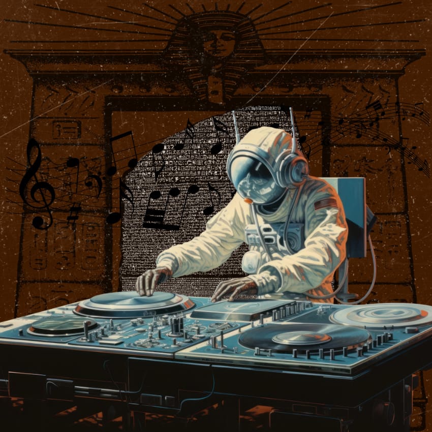 Language and Music (an astronaut mixing music in a surreal space with egyptian walls and text in the background)