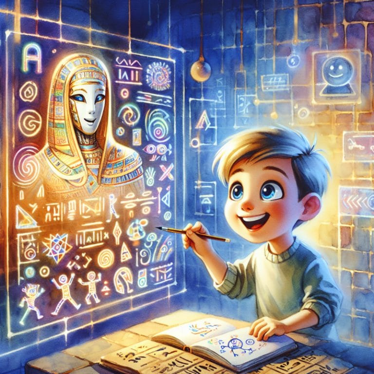 Generative AI In Language Learning (A digital painting scene of a young child joyfully writing egyptian hieroglyphics with a large, glowing digital canvas in which a friendly, anthropomorphic AI character smiles encouragingly, surrounded by swirling letters, symbols, and imaginative doodles.)